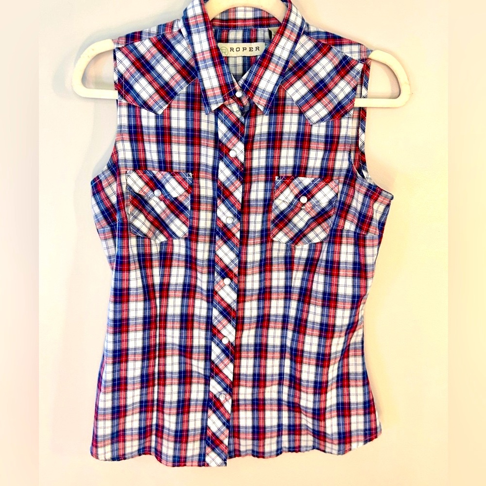 Roper Red, White, and Blue Plaid Snap-Up Sleeveless Shirt